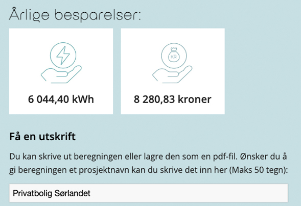 Foto som viser resultatet av en utregning emd energisparekalkulator